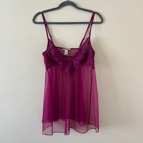 Victoria's Secret Plum Babydoll Chemise Lingerie Lace Mesh Sheer L - Picture 3 of 10